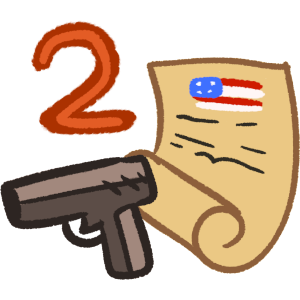 A yellow-tinted scroll, curled up at the bottom, with a simplified USA flag and squiggles on it. In front is a gun.